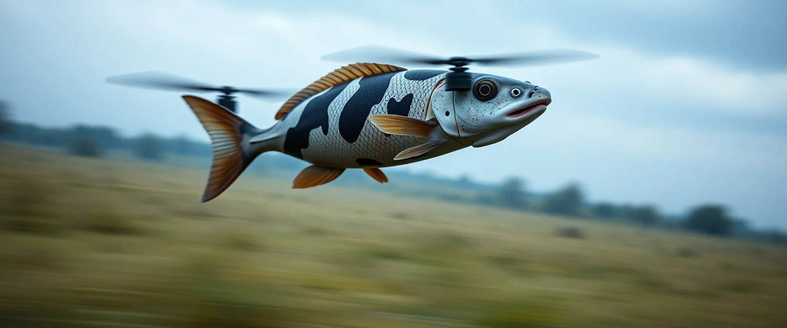 spy fish with hi speed rc drone cow, motion blur, through fields