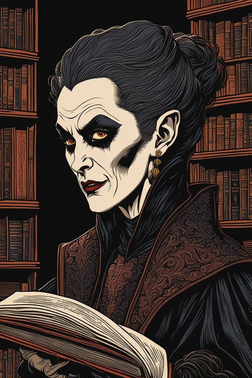 museum quality color woodcut portrait of a scholarly Nosferatu female vampire with highly detailed hair and facial features in a library filled with dusty ancient tomes, in the style of Gustave Baumann, with a fine art , graphic novel aesthetic, highly detailed, finely cut ,8k render,