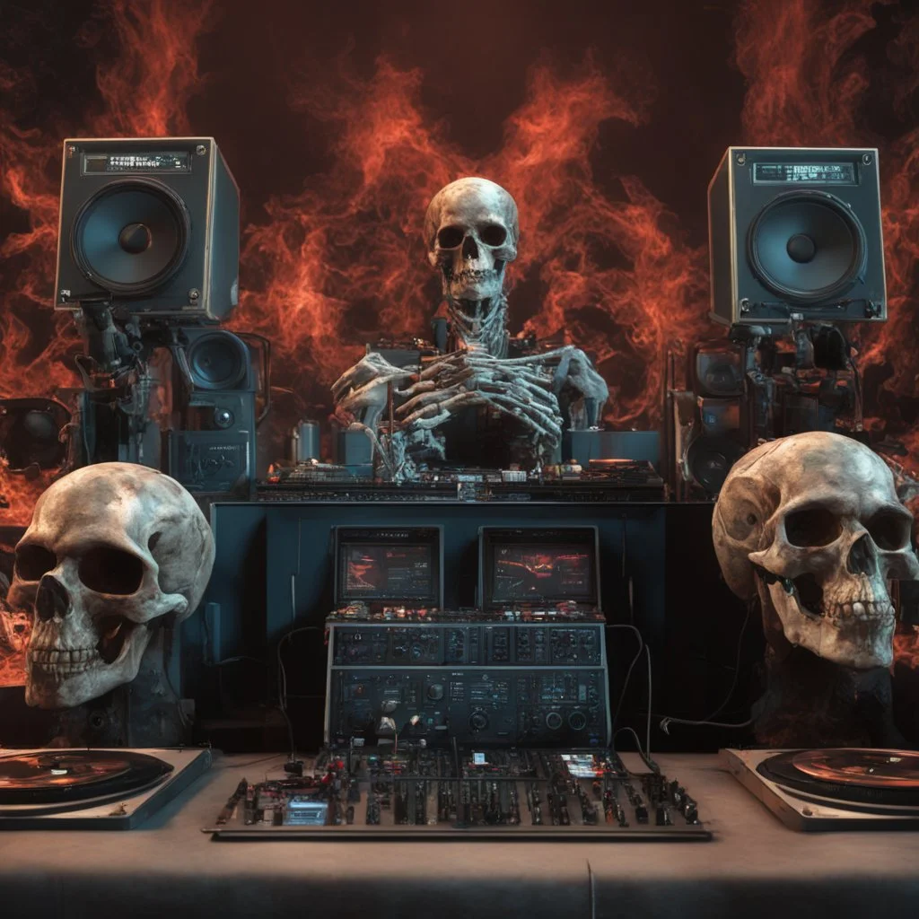 DJ of the damnded, insanely detailed DJ booth in hell, MID set, speakers and equipment made of bone, anatomically correct, add more skulls in th audience, photorealism, vray, 8k 3d