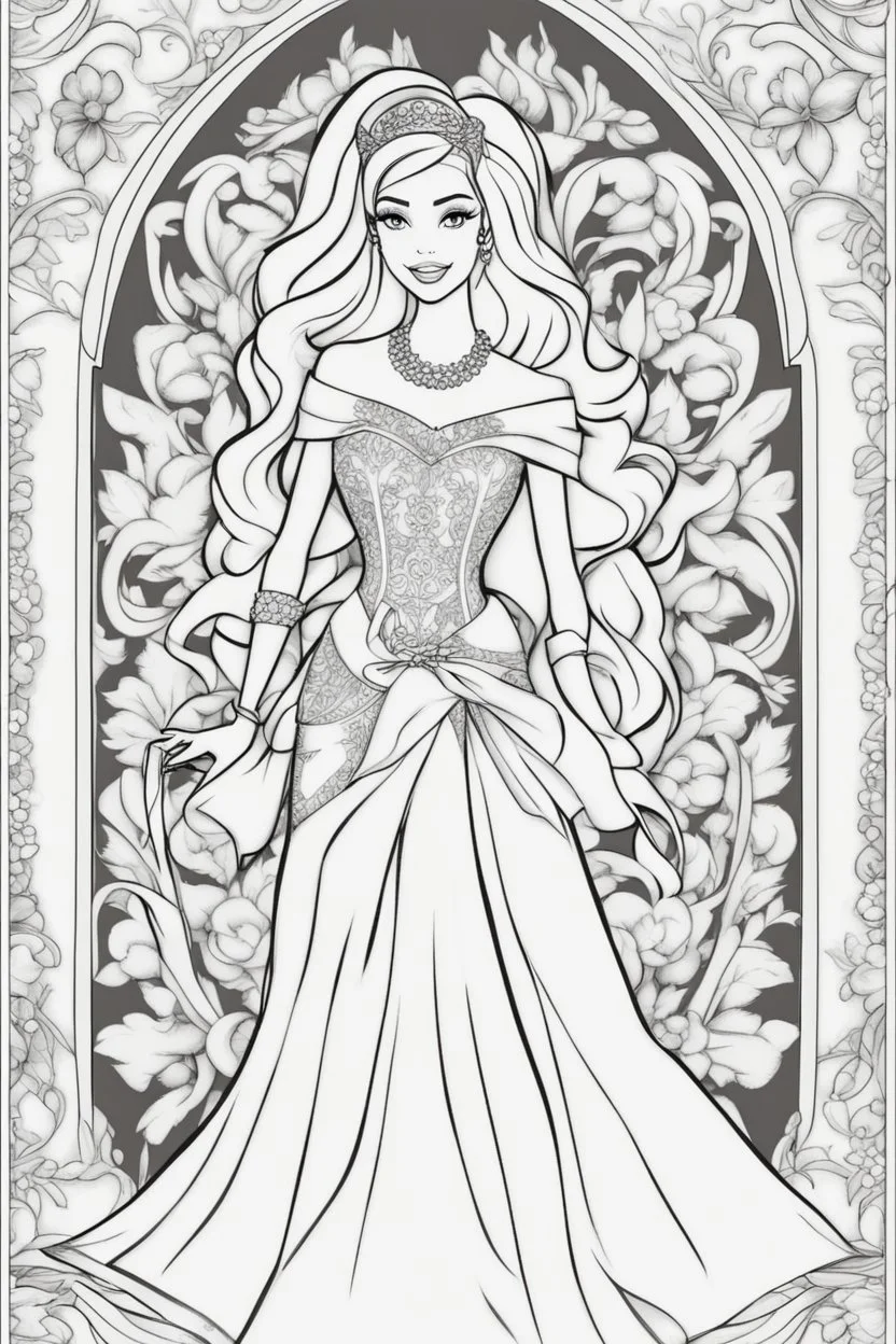 outline art for kids coloring pages with barbie no background, sketch style, full body, only use outline, mandala style, clean line art, white background, no shadows and clear and well outlined. should look exactly like barbie