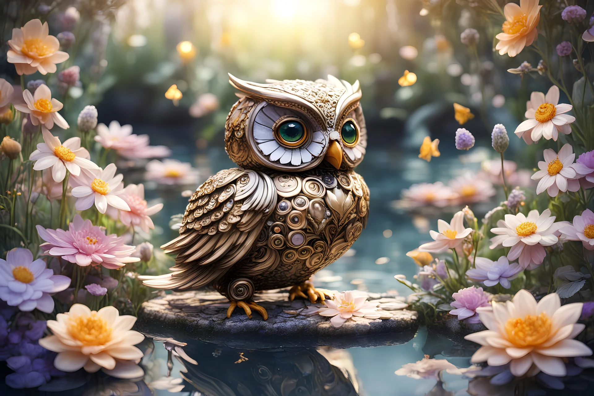 gemstone and jewel owl and small chibi duck in a flowergarden with beautiful flowers, pond, in sunshine, H.R. Giger, anime, steampunk, sürreal, watercolor and black in outlines, golden glitter, ethereal, cinematic postprocessing, bokeh, dof