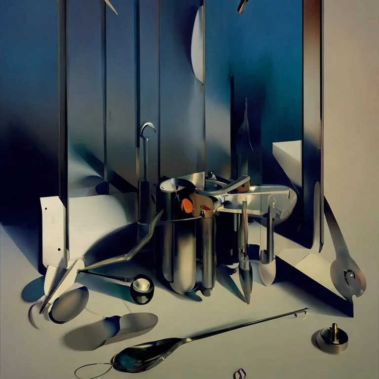 human body, universe-like mirror,complex surgical instruments mixed with human body-like musical instruments,minimalism,Painting By Adrian Ghenie, Rene Magritte, Salvador Dali, Lucian Freud