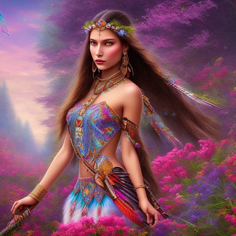 bright native american fairy, beautiful portrait, flowery landscape