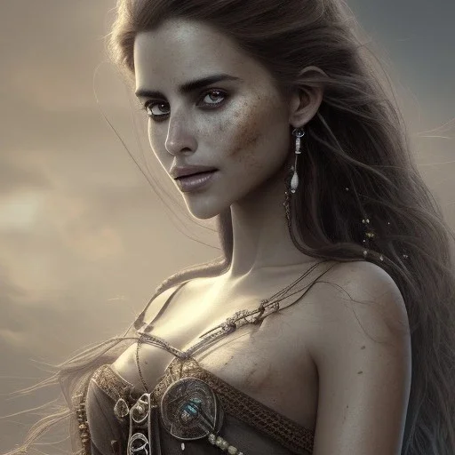 best quality, realistic lighting, masterpiece portrait of Penelope Cruz from pirates of the Caribbean, details, light dusting of freckles, shot from above, simple chain hauberk, warhammerVector art matte painting digital illustration 3D shading CryEngine Behance HD 3Delight