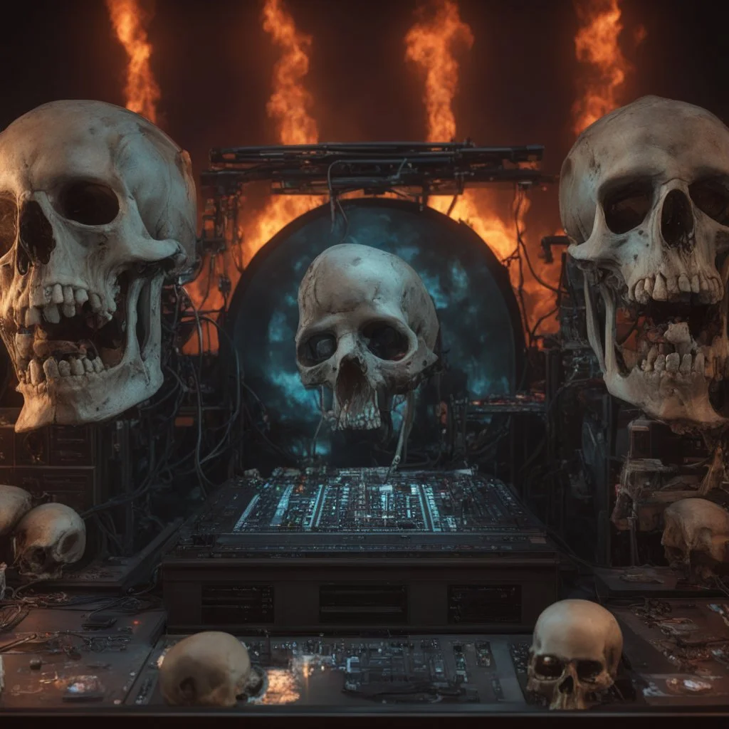 DJ of the damnded, insanely detailed DJ booth in hell, MID set, speakers and equipment made of bone, anatomically correct, add more skulls in th audience, photorealism, vray, 8k 3d