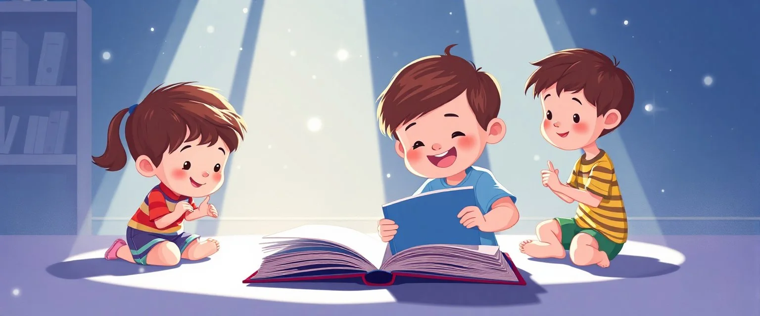 illustration of preschool children playing. fantastic lighting, cute amine children's book proportions