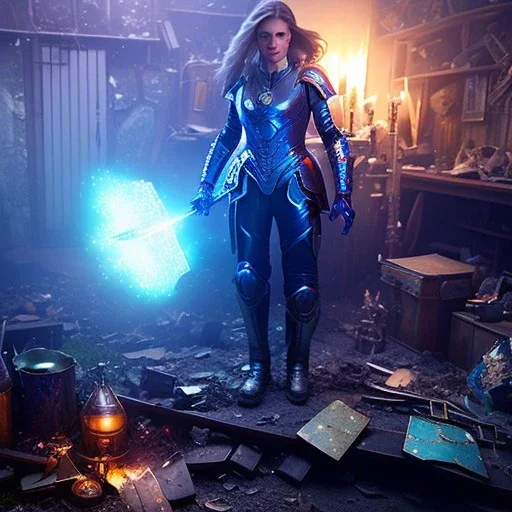 dark and gloomy full body 8k unity render, female teen cyborg, Blue yonder hair, wearing broken battle armor, at cluttered and messy shack , action shot, tattered torn shirt, porcelain cracked skin, skin pores, detailed intricate iris, very dark lighting, heavy shadows, detailed, detailed face, (vibrant, photo realistic, realistic, dramatic, dark, sharp focus, 8k)