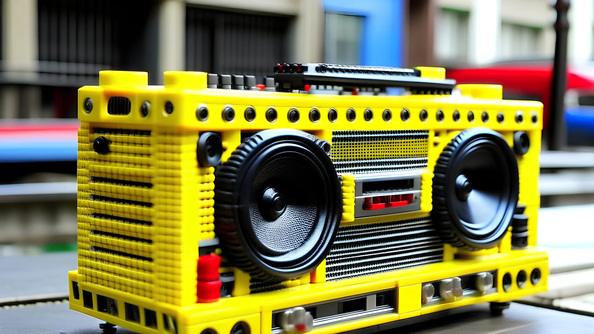 ghetto blaster made of lego bricks, many woofers and tweeters visible