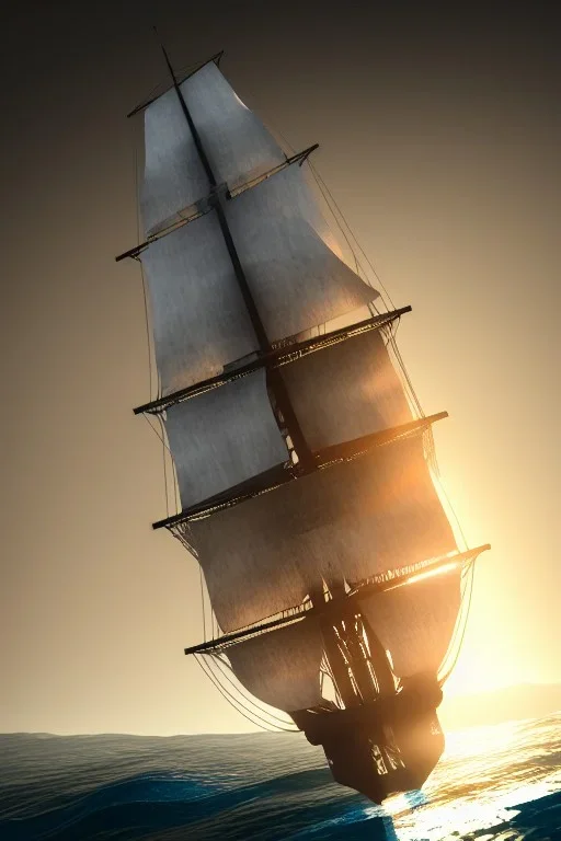 photo of a ultra realistic sailing ship, dramatic light, pale sunrise, cinematic lighting, battered, low angle, trending on artstation, 4k, hyper realistic, focused, extreme details, unreal engine 5, cinematic, masterpiece, art by studio ghibli, intricate artwork by john william turner