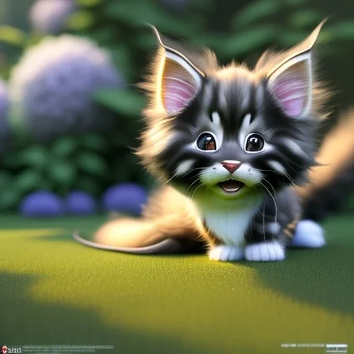 pixar style, volumetric garden environment and background, realistic painting of a cute midget maine coon kitten laying on the ground, looking excited, detailed digital painting, extreme dense and fine fur, anime, ornate, colour-washed colors, elegant, small minutiae, tiny features, particulars, centered, smooth, sharp focus, renderman gofur render, 8k, uhd, detailed eyes, realistic shaded volumetric lighting, sunlight caustics, backlight, centered camera view