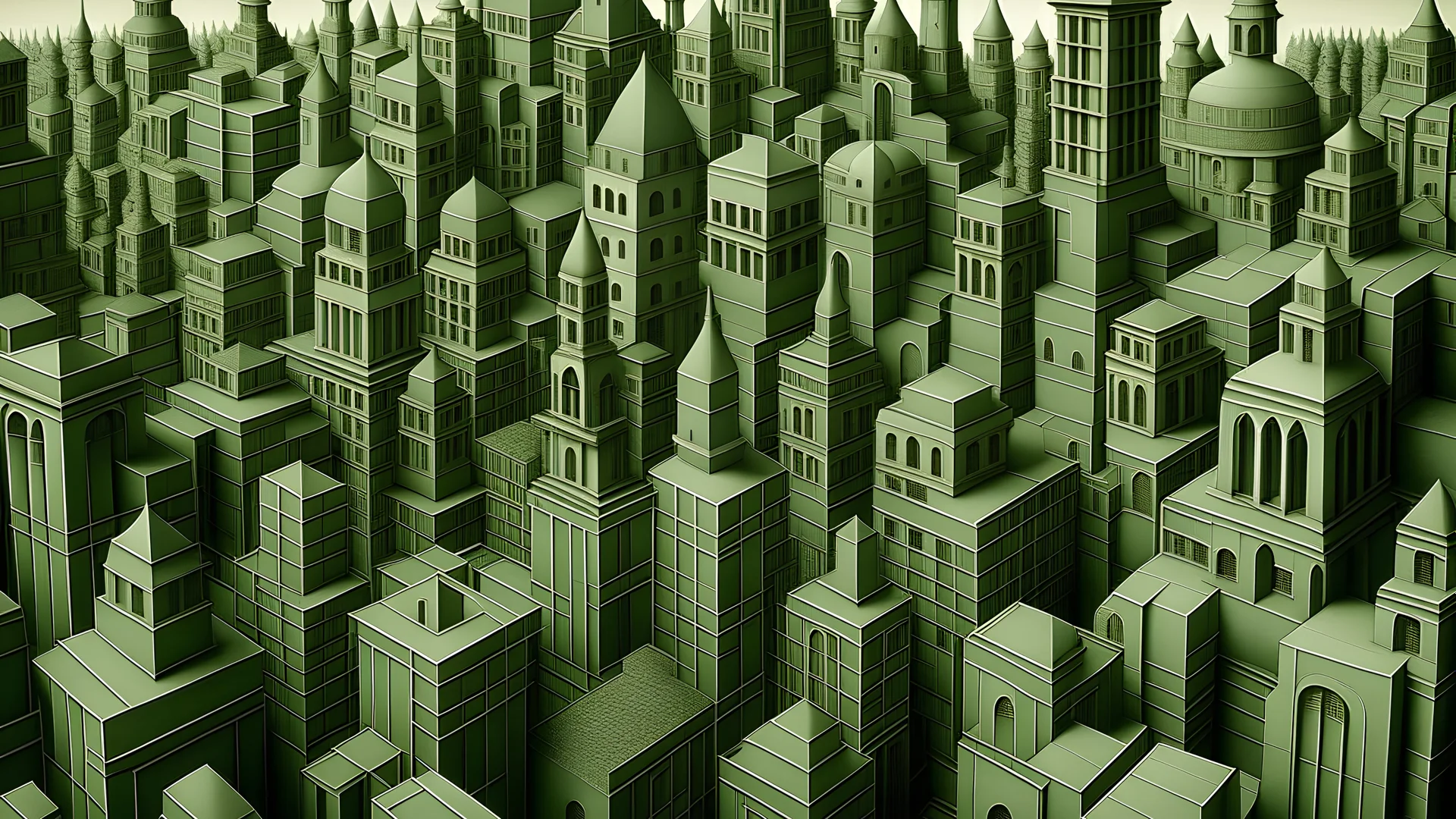 A grayish green loud city with towers painted by MC Escher