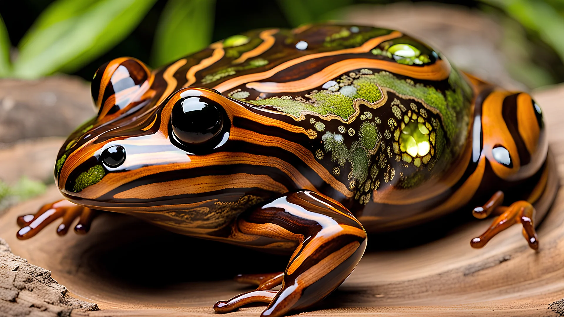 The living petrified wood frog is a mesmerizing, earth art creature, its petrified skin adorned with intricate fungal fractal patterns that accentuate its earthen colors in a fungal art kaleidoscope. Shimmering moss and translucent spore accents decorate the skin, revealing a map of intricately designed fractures that shift gracefully as it moves. Delicate bioluminescent fungi structures extend from the fractures, creating an otherworldly, illuminated appearance. With large, expressive eyes that