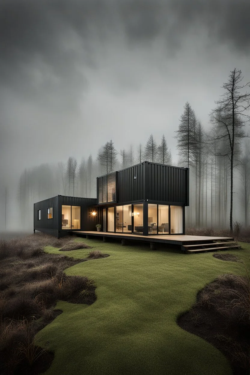 Modern style container home surrounded by a foggy bog. Photograph.