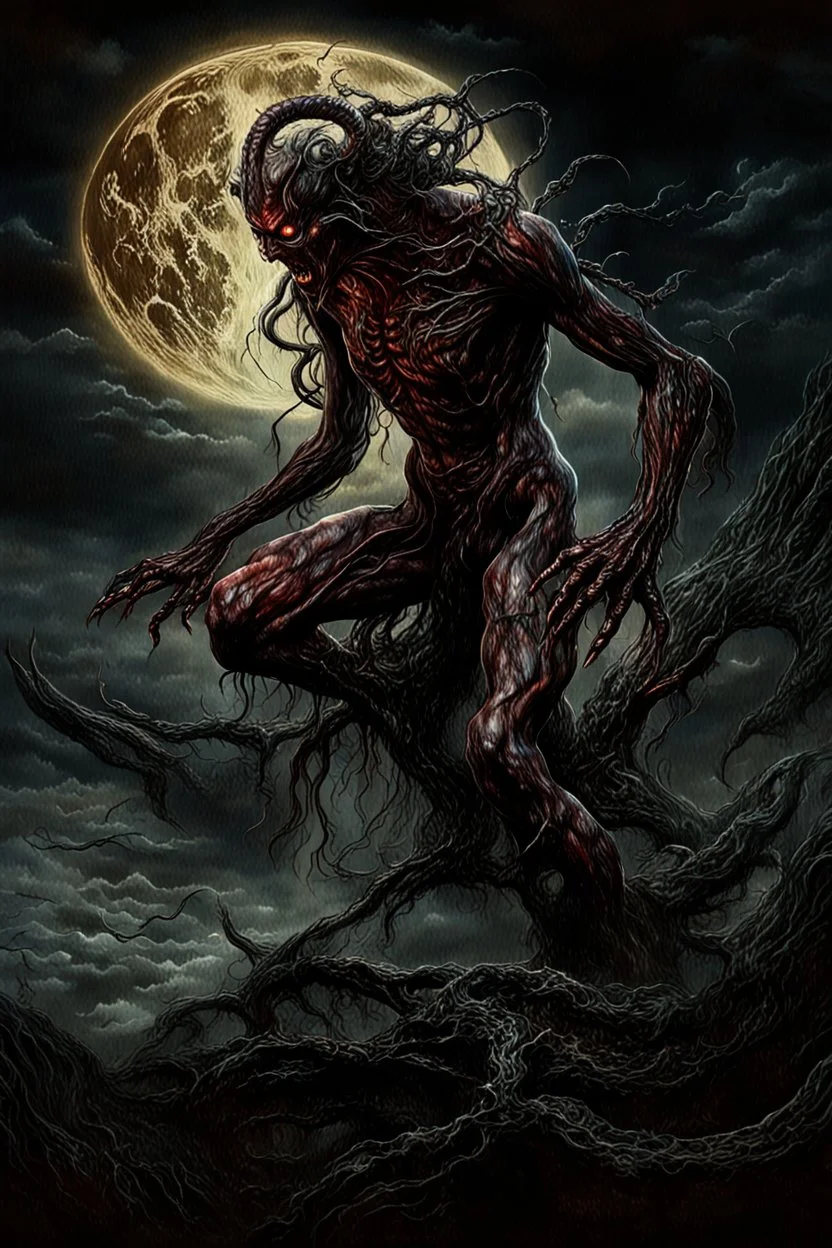 A dramatic digital painting portraying a horror monster under the Moon, veins pulsing, claws of temptation visible, soul in turmoil. In the style of Luis Royo and Boris Vallejo and Giger and Ridley Scott, vivid colors, swirling brushstrokes, highly detailed, 8k resolution, surrealistic., juicy emotions, painting, gloomy fantasy, gloomy day, dark world, portrait, wide strokes, a weaving frame around, by Ryohei Hase, Agnes Cecile, Raymond Swanland, Anne Bachelier