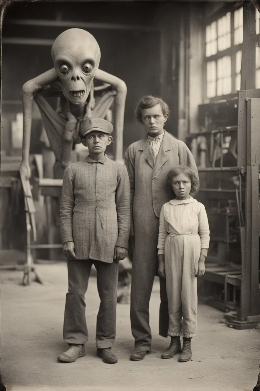 1900's black and white vintage photo, interior, teeth factory warehouse, unhappy stange long grey alien human hybrid creature with a family that is sad, captured on square format film, grainy, aged