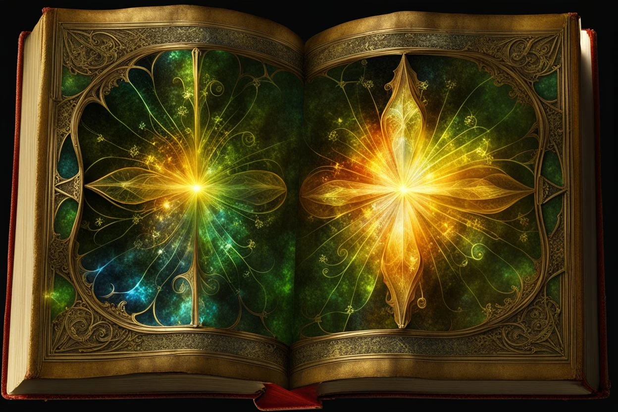 ancient book containing images of elves and fairies Broken glass effect stunning something that doesn't exist mythical creature energy molecular textures iridescent light scales breathtaking beauty pure perfection divine presence unforgettable stunning breathtaking beauty Volumetric light aura rays