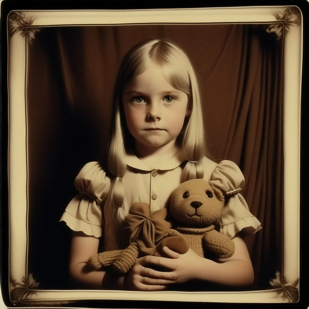 Blond-haired wednesday addams as a child, braids, with an chuky teddy bear, polaroid, 1970s