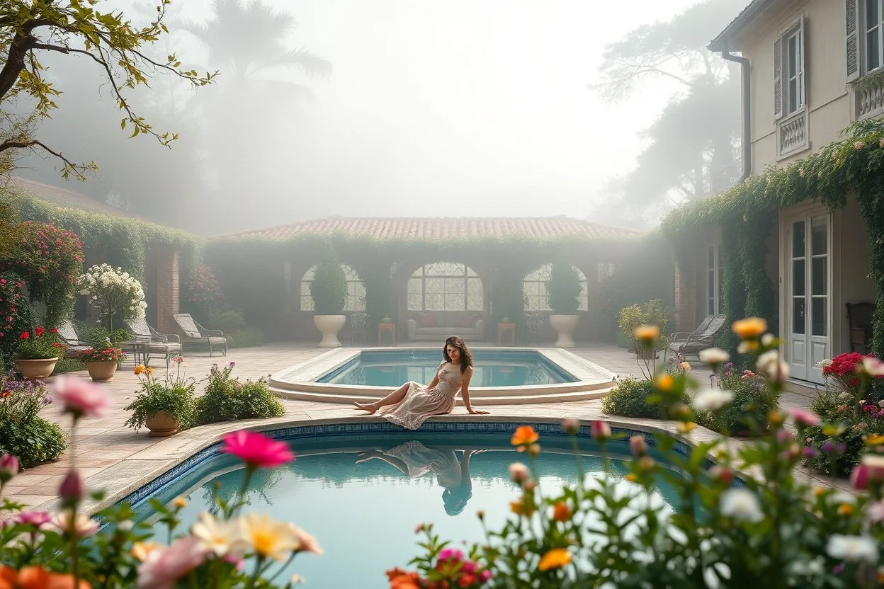 a luxury villa yard with pool in center and pretty plants trees flowers, morning mist, lost paradise atmosphere,a pretty model lady in victorian clothing resting in a comfort far in villa yard in flowers .