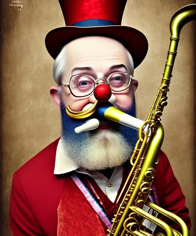 happy old friendly clown with round head and trimmed beard playing jazz with a steampunk theme, trumpet on mouth, circus, realistic