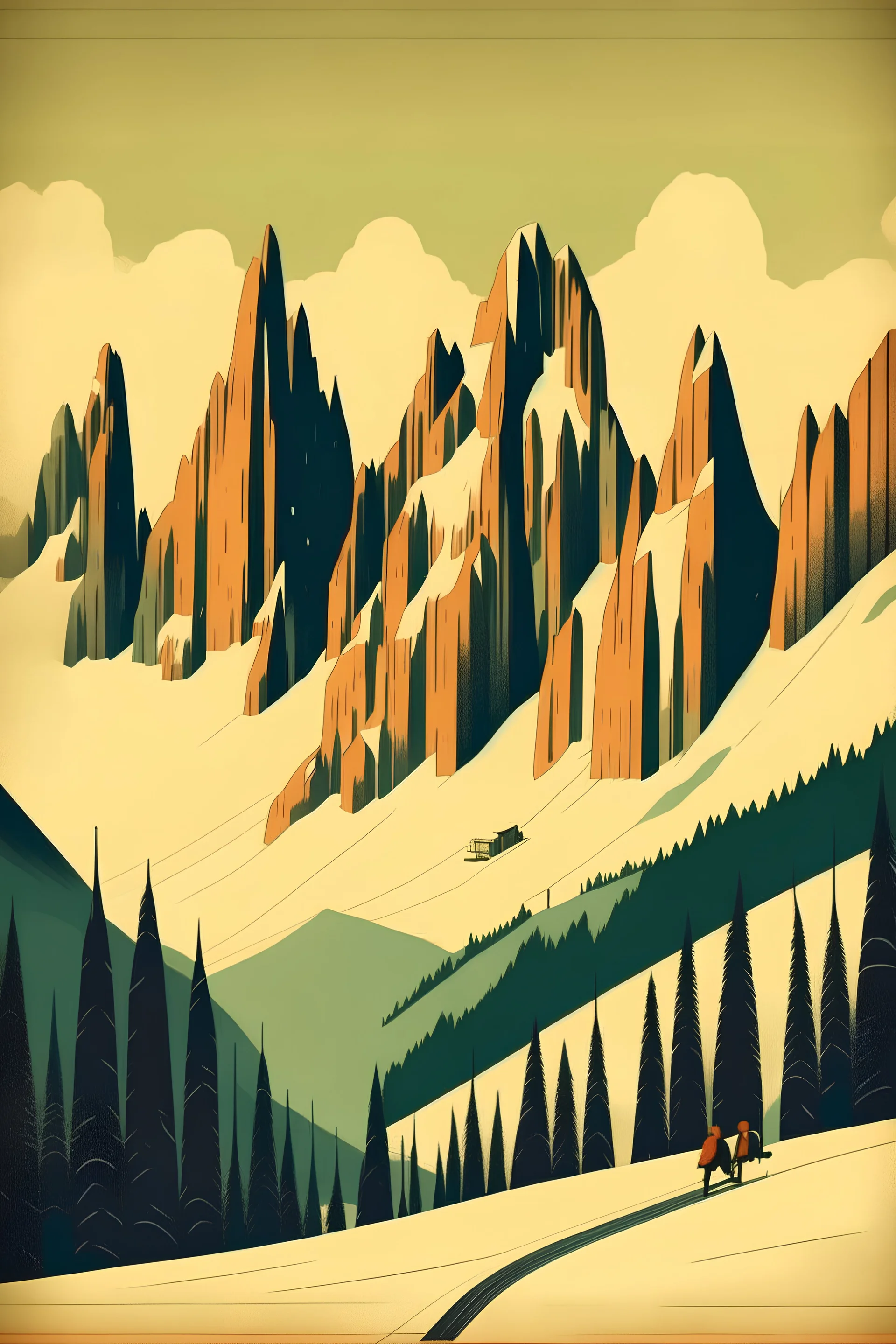 Retro poster of the italian dolomites during a Ski Trip. Use as background