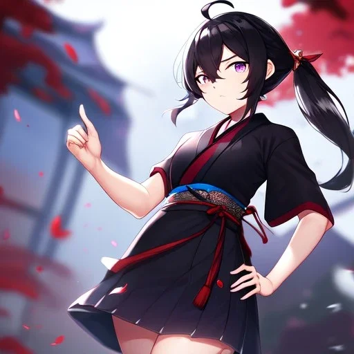 Clear focus, High resolution, Black hair, low small ponytail, purple dead eyes, japanese outfit, serious expression, one arm on hip, other hand free, purple red white and black outfit, short skirt, split in skirt, ahoge, (solo), hair between eyes