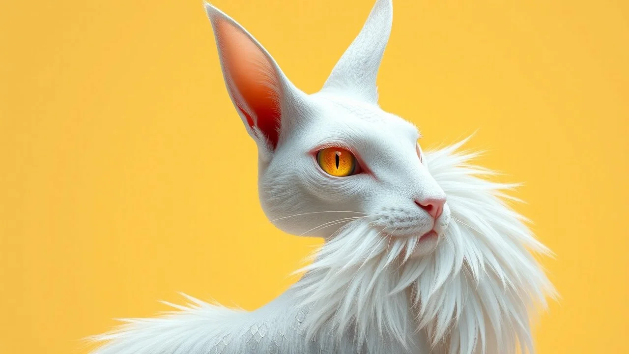 white stylish with textured ears with tufted tips and a subtle pink interior, long and white, sharp jawline and high cheekbones, piercing yellow deep galaxies bright glowing aura with vertical pupils and a golden ring around the iris, soft and white fur trim on shoulders that's longest at the back, intricate subtle and shimmering silver scales on arms