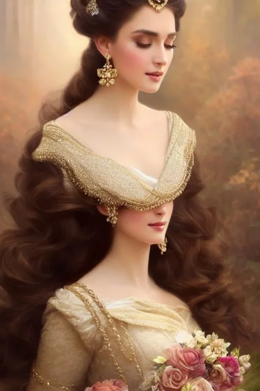 beautiful and gorgerous duchess with incredible jewellery in 19th century clothing by Greg Rutkowski and Artgerm and Emile Vernon and Vladimir Volegov, in a brown dress, mystical castle background, art illustration, natural beauty, muted colors, pastels, perfect fingers, higly detailed, expressive, high detail, symmetrical, digital painting, symmetrical eyes, dynamic lighting, artstation, cinematic lighting, intricate artwork, emitting diodes, smoke, artillery, sparks, racks, system unit, mother