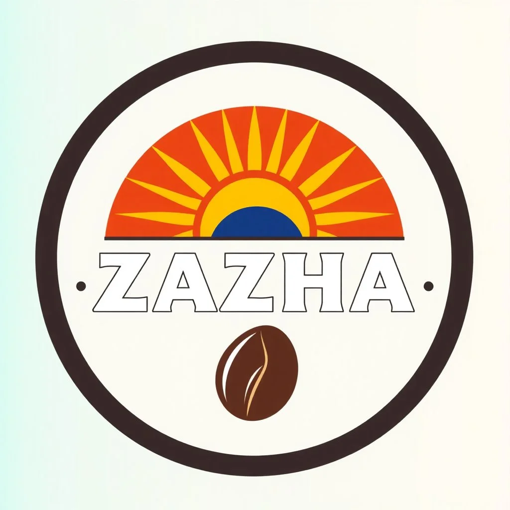 A circular logo with the name (ZAHA) designed for a cafe with the symbol of the sun and turquoise and indigo colors and a coffee bean.