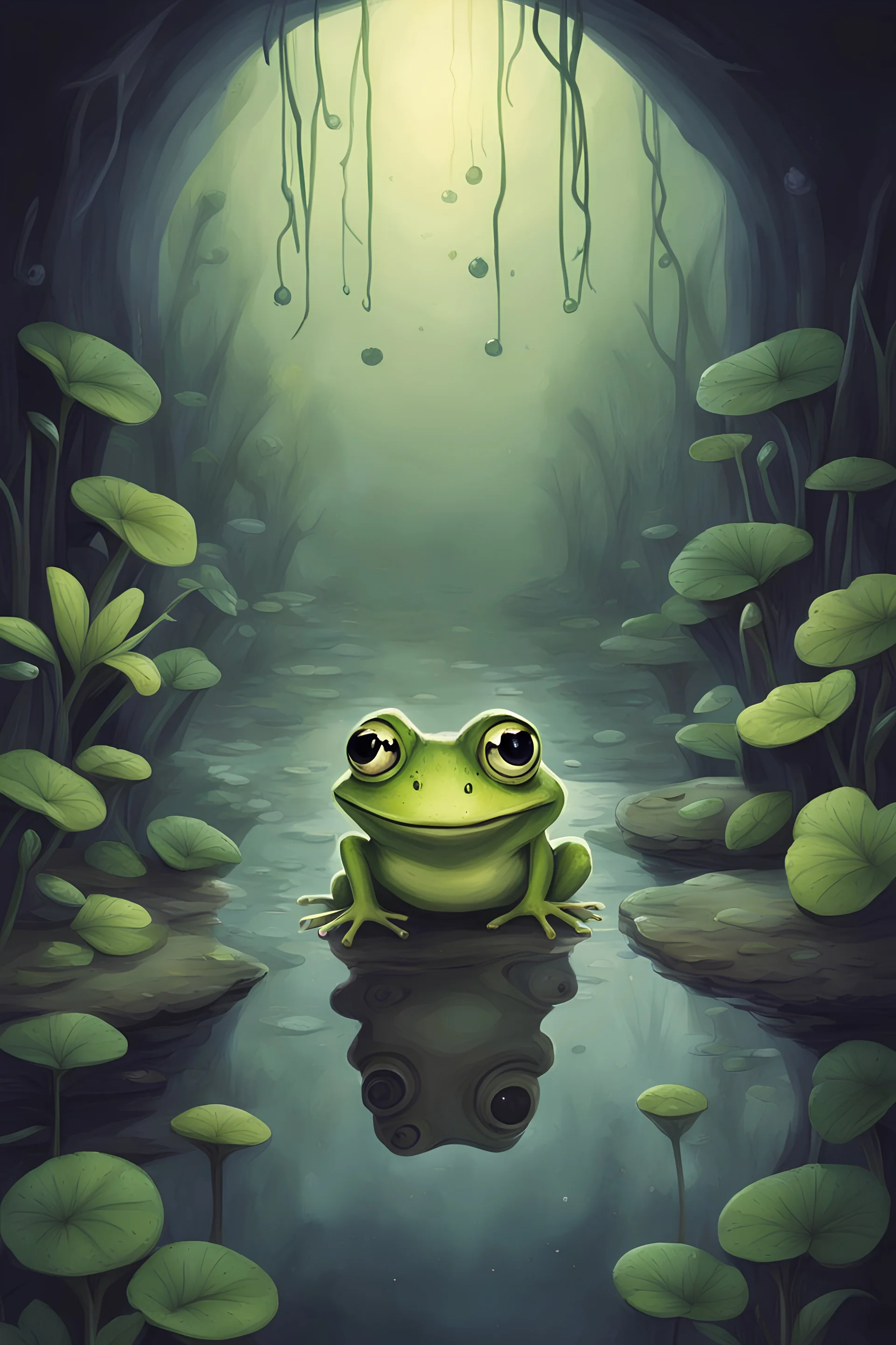 Cover design for a children's novel about a small frog, big eyes, a little happy, sewer background, dark atmosphere