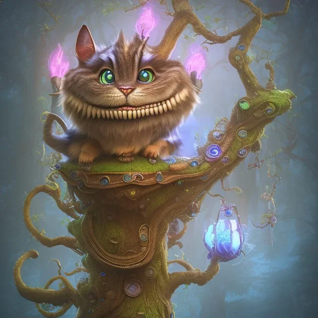 cheshire cat in a tree, leaning on a branch, wide grin, glowing eyes, blue and grey, alice in wonderland, signpost pointing in different directions, film still