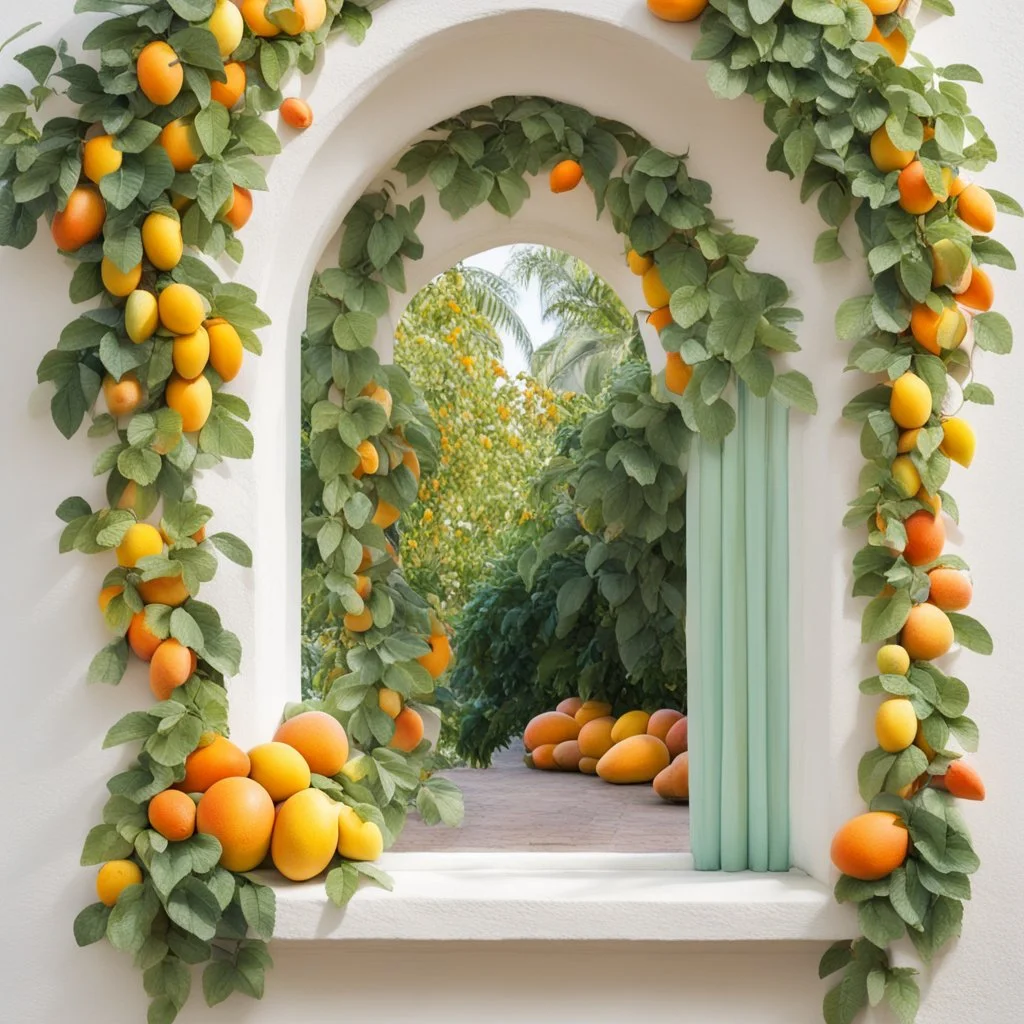 A window in white with an arch decorated with mangoes and light green leaves and soft orange bright colors.