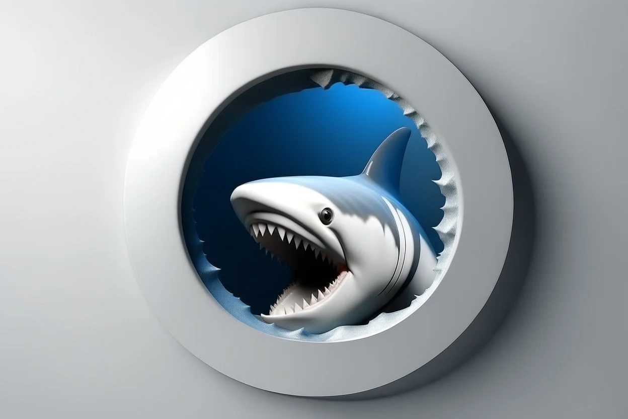 white,background,looking,through,a 3-d, hole,or,window,,a,seeing,shark