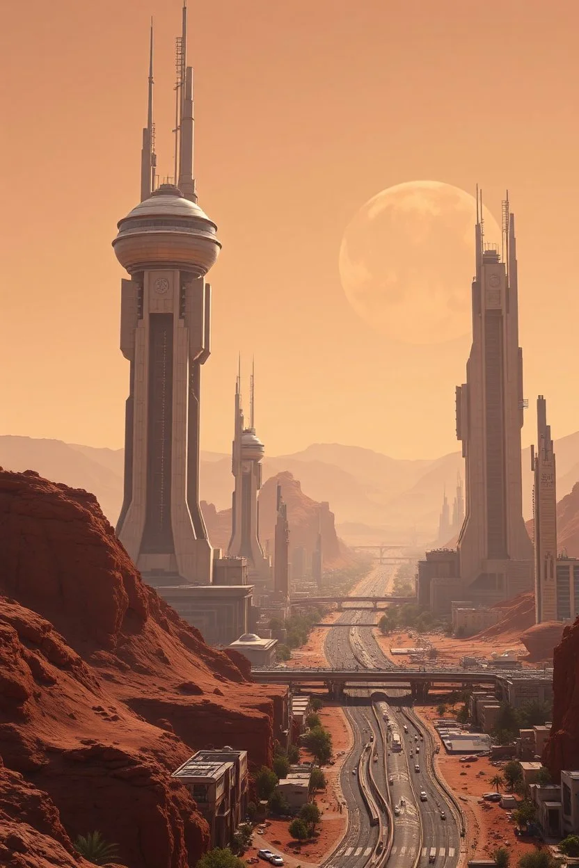 Nuclear holocaust on Mars modern city future buildings and towers, modern architecture future building