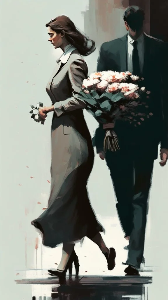 An image of a man holding a bouquet of flowers as he walks towards a woman. --auto --s2