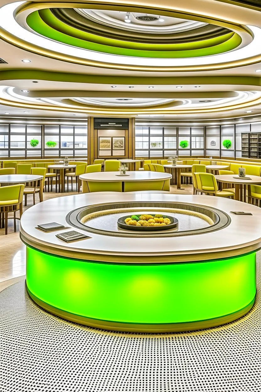 Oval-shaped restaurant consisting of one large table in the middle of the table there is a kitchen