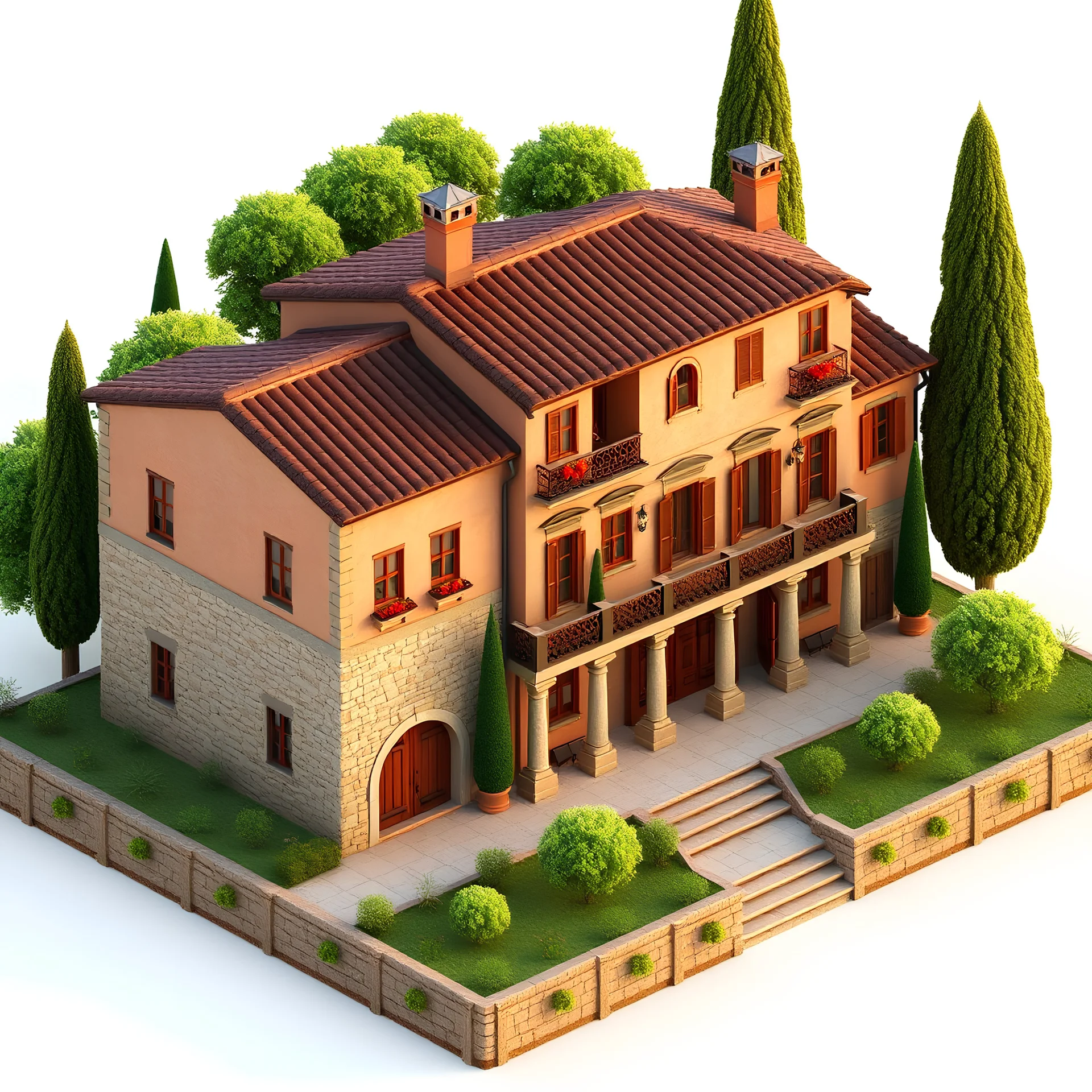 Tuscany villa with a 3d rendered pixar style. Lots of details, the first half of the building has stone walls, the rest is soft red. Isometric view. Lighting as dawn