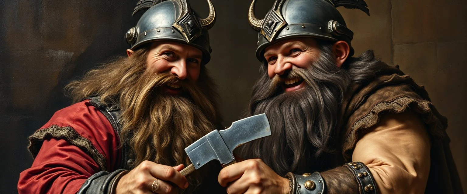 master oil painting by Rembrandt, family portrait two smiling bad ass warrior clad muscle sturdy buildt deep rock metal towering dwarves in gritty metal helmets and in fine clothes and pointing at a pick axe laughing, seem from above
