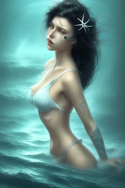 black hair lady muse top in the ocean