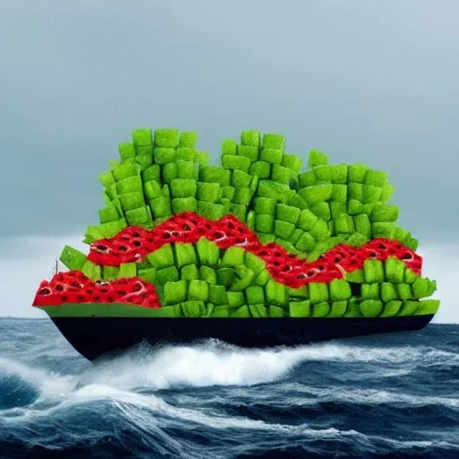A ship made of watermelons on a rough sea