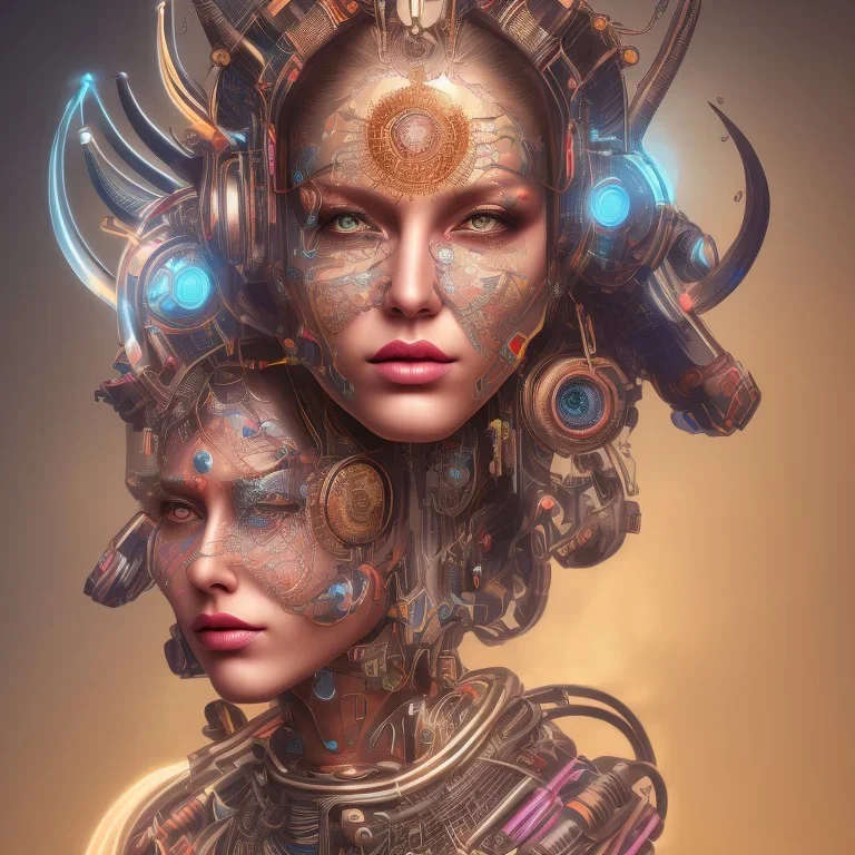 a beautiful and colorful facing portrait of a cyber punk woman shiva in 3D rendering with a mandala background