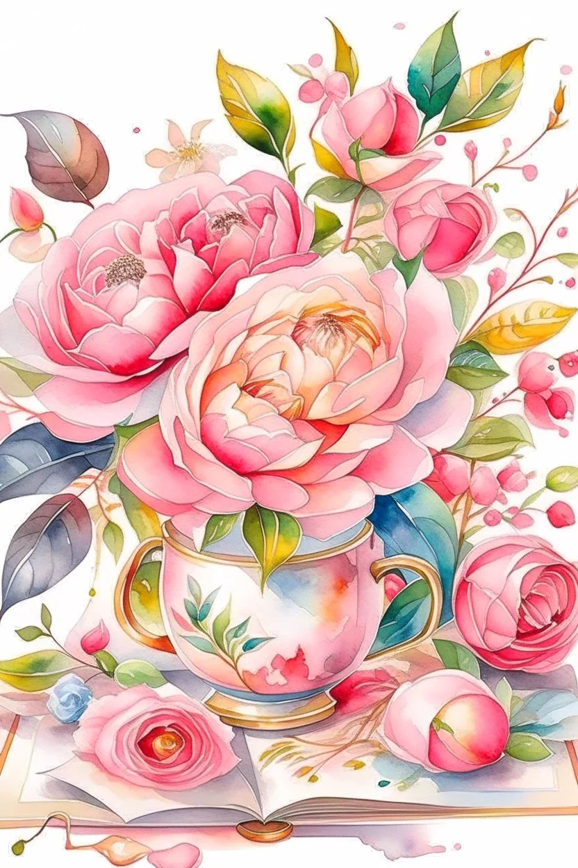 MAGIC WATERCOLOR Pale pink roses, white Chinese peony, tiny apple blossoms, eucalyptus leaves, cranberry twigs, sprigs of copper pepper berries - all this is collected in a cute floral arrangement on a pink nickel mug. The mug stands on a thick white book with a picture in a gold cover. A sunny, bright image. Ad copy, huge copy space on top of the image, negative space, HD, 8k, blurred dreamy background,