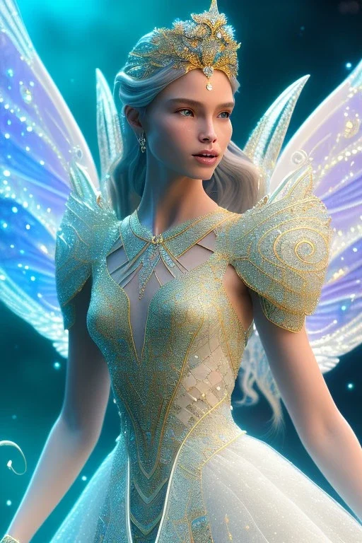 A portrait of a crystalline fairy, smile, mythical,fantasy , magnificent, majestic, highly intricate, Realistic photography, incredibly detailed, ultra high resolution, 8k, complex 3d render, cinema 4d