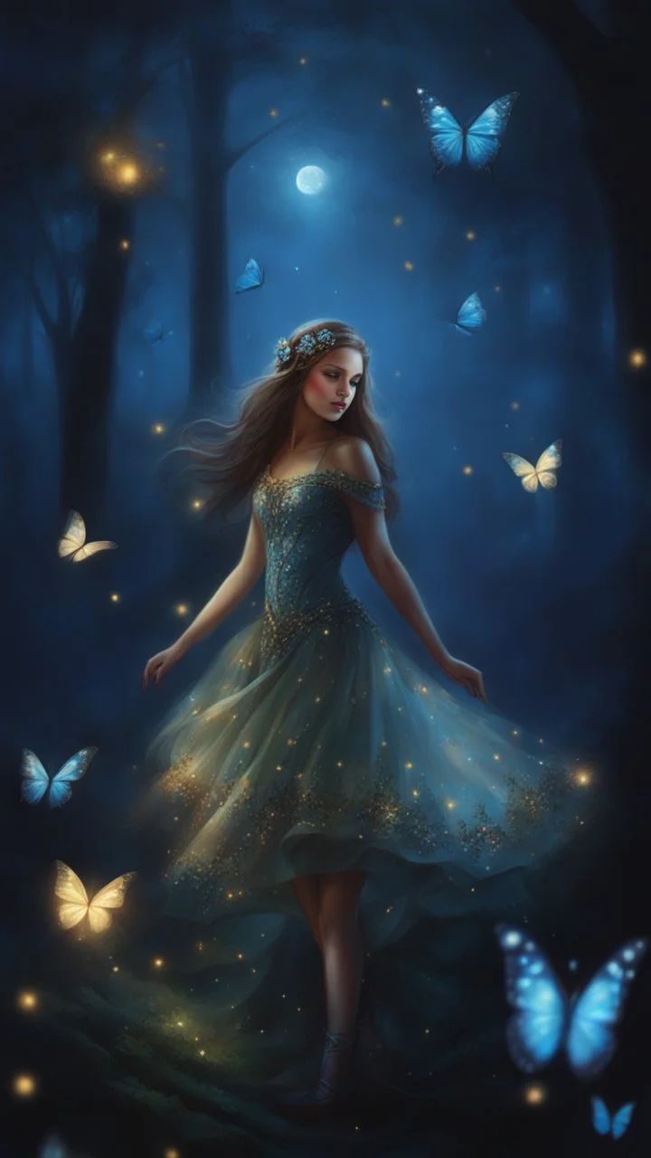 Painting of a beautiful girl, beautiful, pretty face, young girl, fantasy art, dream, trees, forest, dark night, song, glitter butterflies, fantasy