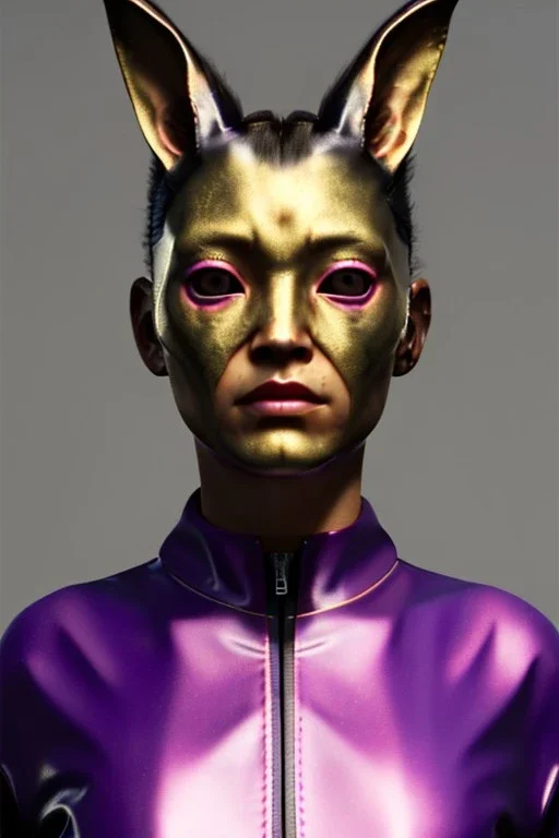 Medium Close Up Portrait, Front image. cyberpunk, rabbit mask, Asian woman, pink hair. latex tracksuit. Red, black, gold, color. Superhero style. Color background, photo studio. Avatar image, highly detailed, concept art, smooth, unreal engine 5, god rays, ray tracing, RTX, lumen lighting, ultra detail, volumetric lighting, 3d, finely drawn, high definition, high resolution.