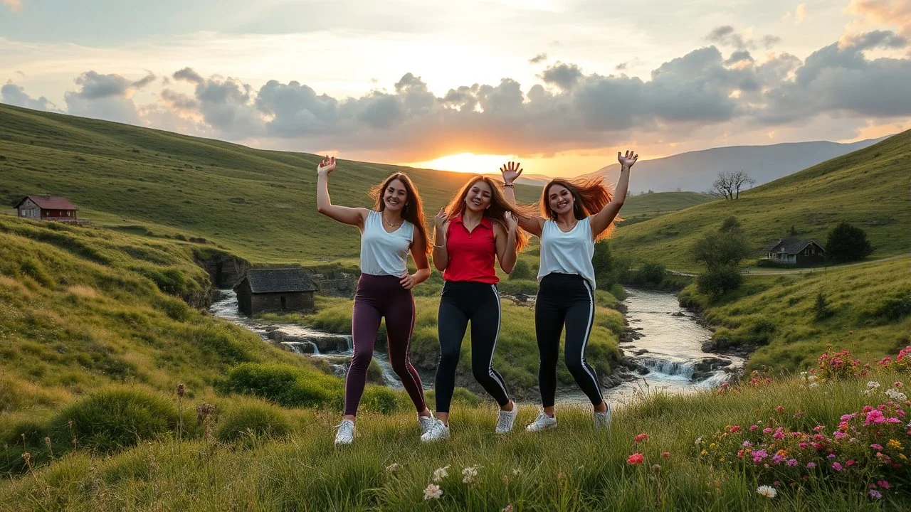 a group of young ladies in sports pants and blouse are dancing to camera in high grassy hills,a small fall and river and wild flowers at river sides, village houses,some trees ,cloudy sun set sky