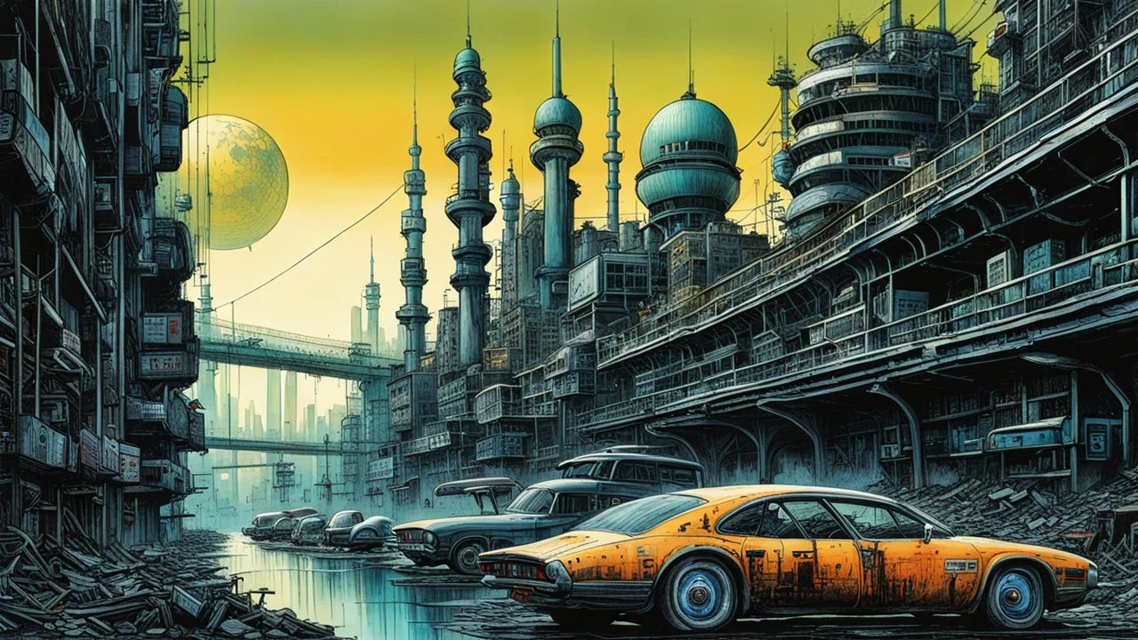 create a wildly conceptual illustration of a highly detailed irradiated, fetid, gaseous and decayed future Istanbul under a poisonous gloom utilizing asymmetric structural forms, in the sci fi art style of Don Maitz, , finely textured, drawn, colored, and inked