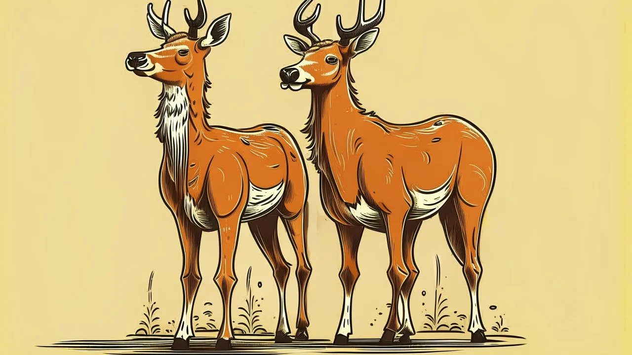 a simple comedic illustration of 2 deer, a female deer on the left with body facing left but is looking back to the right, while on the right is a male deer facing left with a look of mild excitement while he glancing at the other's butt, both have upward tails