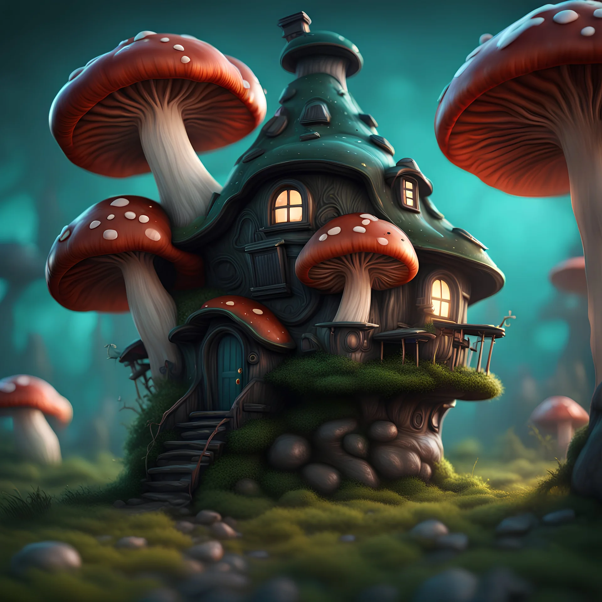 A funny floating mushroom house in space. neutral colors, black green blue, Detailed gloss Painting, rich color, fantastical, intricate detail, splash screen, hyperdetailed, insane depth, concept art, 8k resolution, trending on Artstation, Unreal Engine 5, color depth, dynamic lighting, splash art, dramatic, masterpiece, excellent quality beautiful Imaginative, unique,