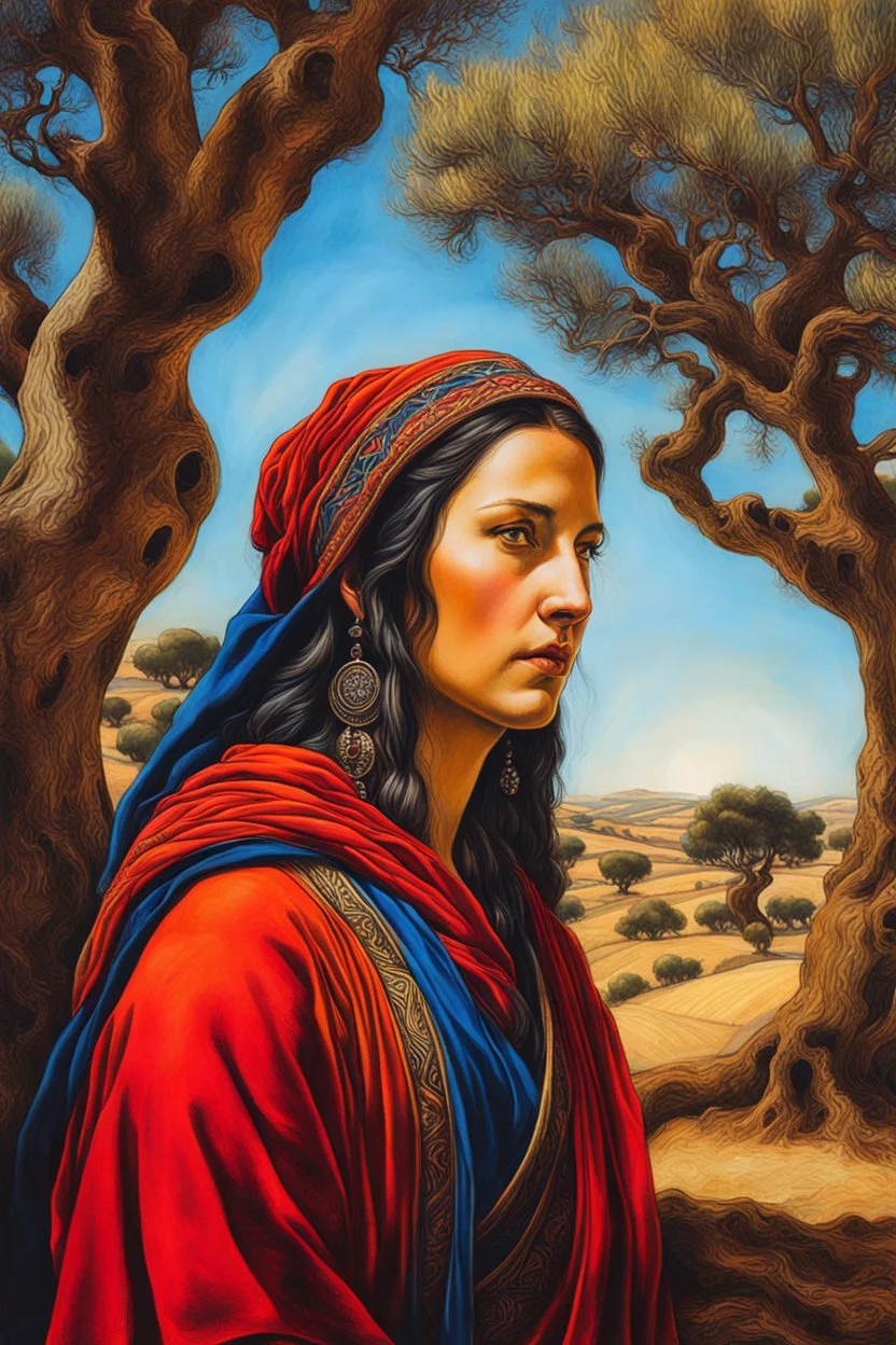 create a classical-abstract-realist fantasy portrait aquatint of a nomadic tribal shepherdess with highly defined facial features, amidst ancient Andalusian olive trees, in the style of Donato Giancola, Hans Memling, Titian, and Caravaggio, 8k, highly detailed, otherworldly , fantastic, vibrant colors