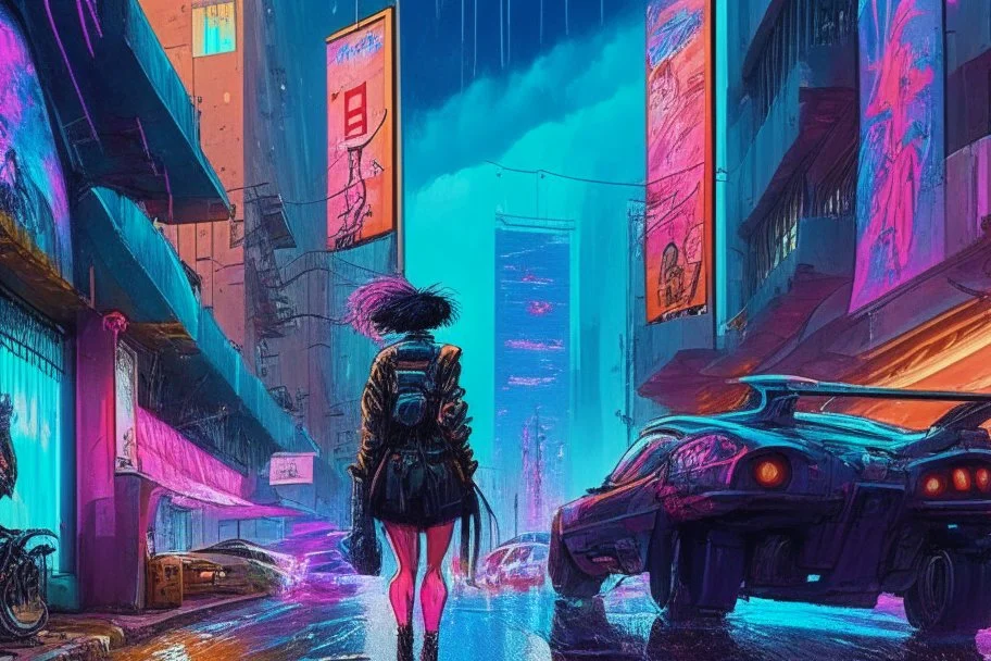 masterpiece, high detail, best quality, vibrant colors, Cyberpunk street, comic style